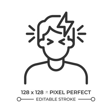 Chronic headache relief strategies pixel perfect simple line icon. Severe migraine symptoms. Mental burnout and fatigue. Neurological pain. Contour outline pictogram. Minimalist linear vector