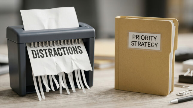 Office shredder destroys paper distractions beside priority strategy folder, symbolizing focused productivity, organization, decision making, time management, and disappearing interruptions