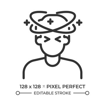 Mental health awareness pixel perfect simple line icon. Intense brain fog. Personal exhaustion and fatigue. Daily sensory overload. Contour outline pictogram. Minimalist linear vector