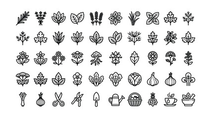 Obraz premium Collection of black line icons featuring various herbs vegetables flowers gardening tools transparent background