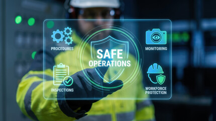 Obraz premium Safe operations holographic interface overlay with shield, procedures, monitoring, inspections, and workforce protection beside industrial worker