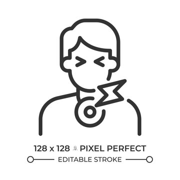 Sharp throat discomfort pixel perfect simple line icon. Intense vocal cord strain. Severe upper airway irritation. Physical discomfort. Contour outline pictogram. Minimalist linear vector
