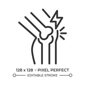 Acute joint discomfort pixel perfect simple line icon. Sudden physical injury and knee inflammation. Dealing with chronic arthritis pain. Contour outline pictogram. Minimalist linear vector