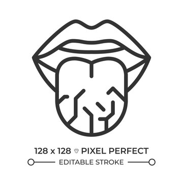 Chronic dry mouth syndrome pixel perfect simple line icon. Oral microbiome imbalance signs. Severe dehydration warning signals. Tongue health. Contour outline pictogram. Minimalist linear vector