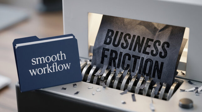 Business friction document entering office shredder beside smooth workflow folder, creating clear contrast between inefficient process and organized productivity in modern workplace setting