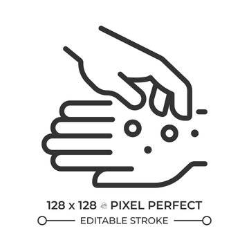 Contagious skin infection awareness pixel perfect simple line icon. Sensitive skin flareups. Chronic eczema care. Spreading bacterial germs. Contour outline pictogram. Minimalist linear vector