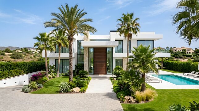 Modern White Villa with Palm Trees and Private Swimming Pool
