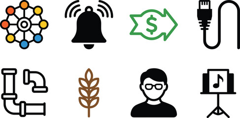 Naklejka premium Mixed Business Icon Set with Network, Bell, Money Exchange, Cable, Pipe, Wheat, Avatar, and Music Stand Symbols for Web Design