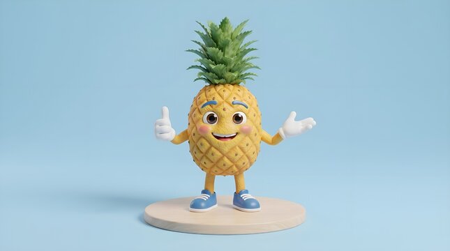 Cute pineapple character with a friendly face giving a thumbs up gesture on a blue background.