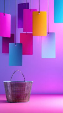 A metallic basket on a vibrant background with hanging colorful cards creating a modern aesthetic