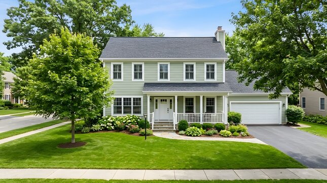 Sage Green Two Story Family Home with Manicured Front Lawn