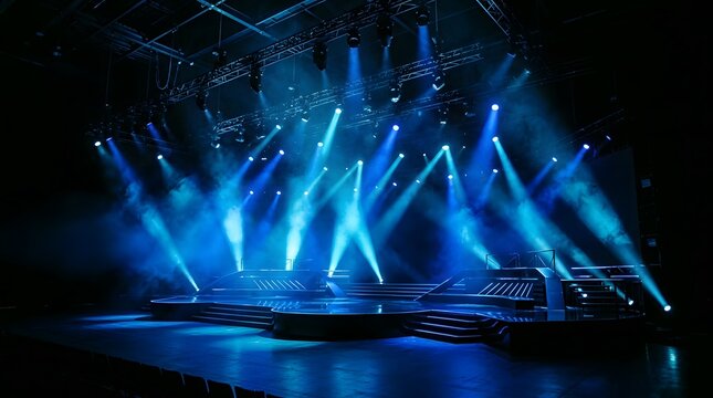 Empty Concert Stage Platform Illuminated by Blue Stage Lights