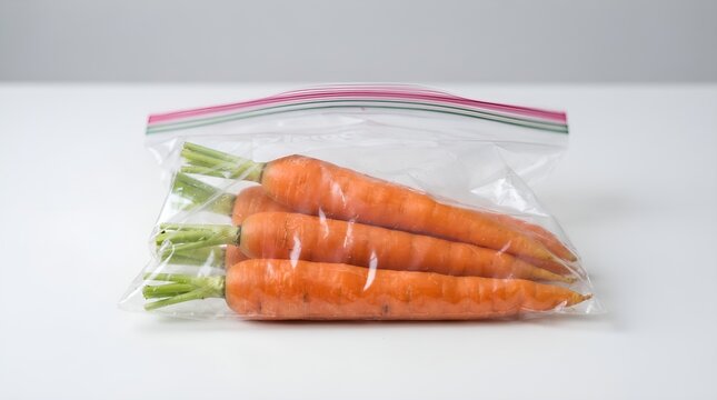 Fresh raw carrots with green tops packed inside a transparent plastic storage bag on a white surface.