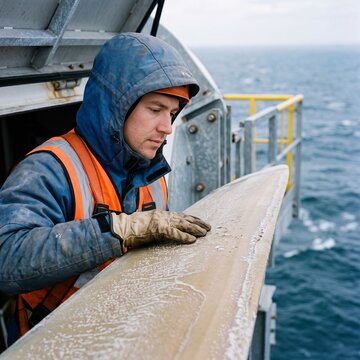 Offshore wind energy technician inspecting leading edge erosion on turbine blade at sea