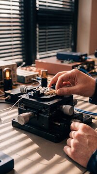 Engineer Hands Adjusting Precision Optical Micropositioning Stage in Photonics Laboratory