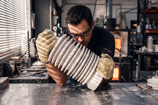 Industrial technician wearing protective glasses inspects a ceramic high-voltage electrical insulator in a manufacturing workshop