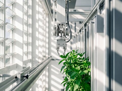 Robotic arm inspecting and tending to green plants in a modern automated vertical indoor greenhouse facility