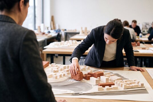 Female architect carefully placing a miniature building on an architectural scale model in a design studio