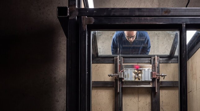 Engineer observes a damaged lithium battery module after a safety test in an industrial laboratory test chamber