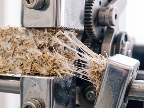 Tensile strength testing of sustainable mycelium bio-composite material clamped in laboratory mechanical testing equipment