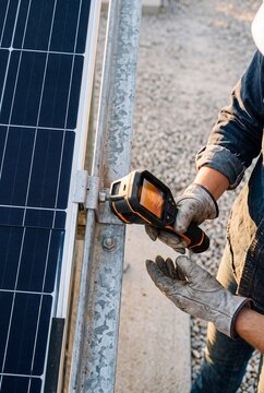 Technician inspecting a solar panel installation using a thermal imaging camera for diagnostics