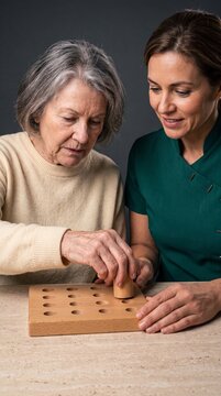 Senior woman practicing cognitive and motor skills with a wooden pegboard during occupational therapy with a nurse