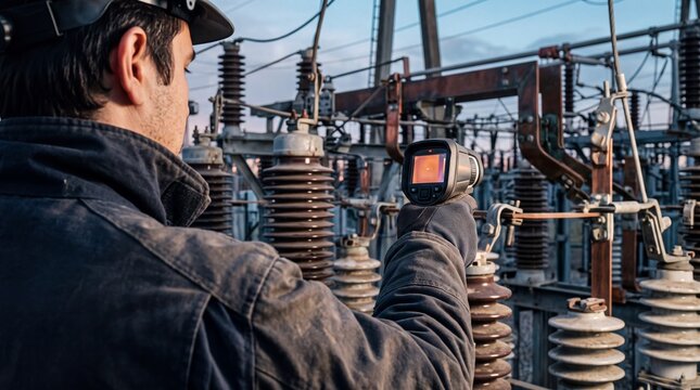 An electrical technician uses a thermal imaging camera to inspect high-voltage insulators and substation equipment for maintenance