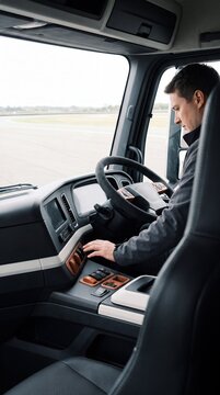 Professional male driver operating control switches on the dashboard inside a modern commercial truck cabin