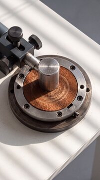 Leather sample undergoing mechanical abrasion and friction resistance testing in laboratory equipment