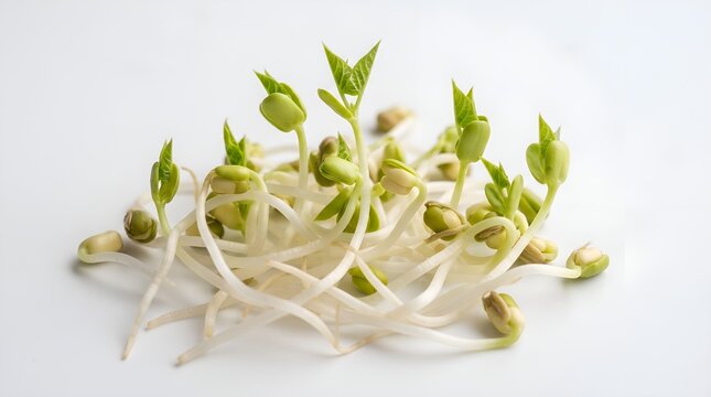 Fresh organic bean sprouts isolated on a clean white studio background.
