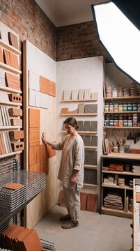 Female ceramicist inspecting handcrafted clay tiles displayed in an art studio workshop
