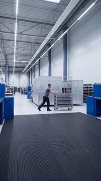 Factory worker pushing a transport trolley loaded with manufactured components in a modern industrial production facility