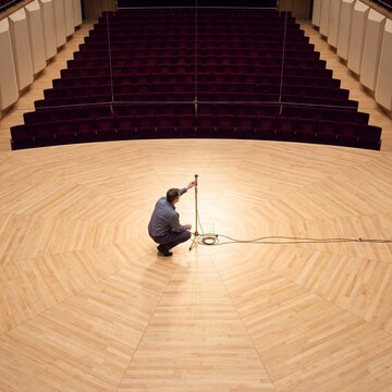 Sound engineer adjusts a microphone on a large wooden stage in an empty auditorium before a concert