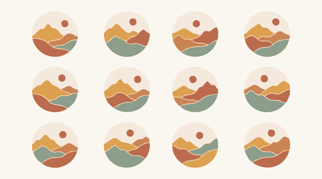 Boho minimalist landscape circles pattern with abstract mountains and sun