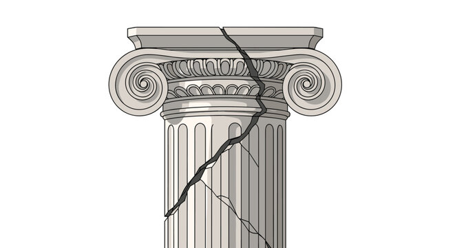 Traditional greek column of ionic order showing a large diagonal crack representing damage, fragility, and historical ruin.