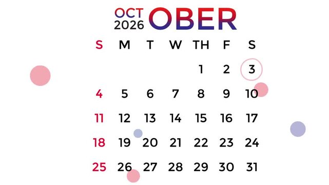 October 3, 2026 calendar in red and blue gradient colors on a white background