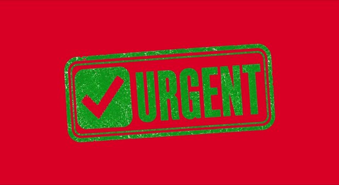 Urgent Green Check Mark Stamp with Distressed Grunge Texture on Red Background