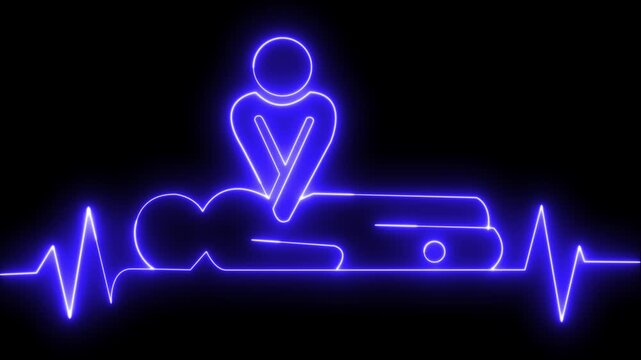 neon heartbeat icon animation. CPR chest compressions showing medical resuscitation technique for training, safety, heartbeat pulse, on medical lifesaving care,motion graph
