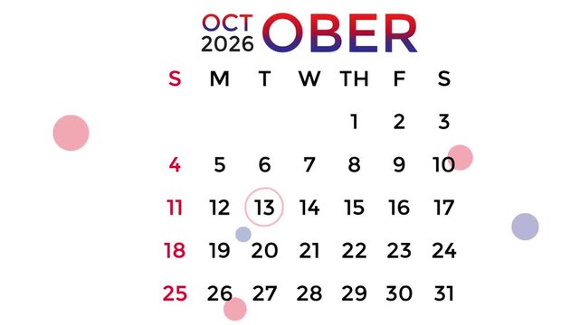 October 13, 2026 calendar in red and blue gradient colors on a white background