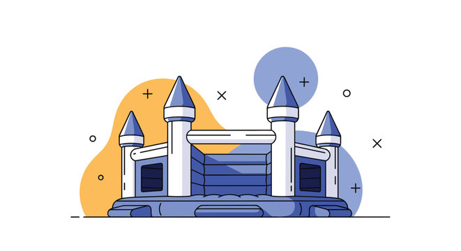 Inflatable bouncy castle in blue and white colors on an abstract background with colorful shapes and icons.