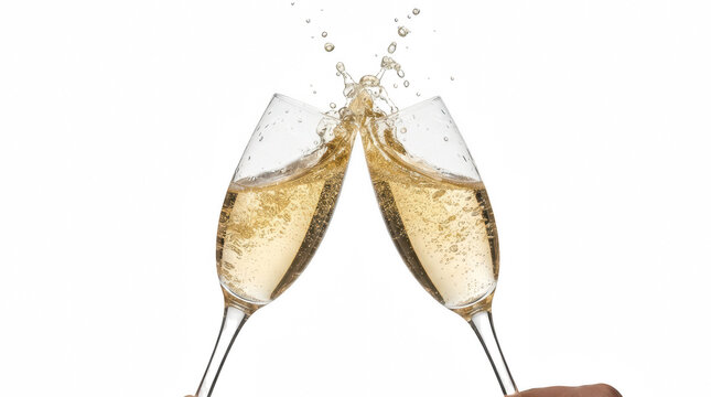 Champagne glasses toasting with bubbly liquid splash during celebration isolated on transparent background