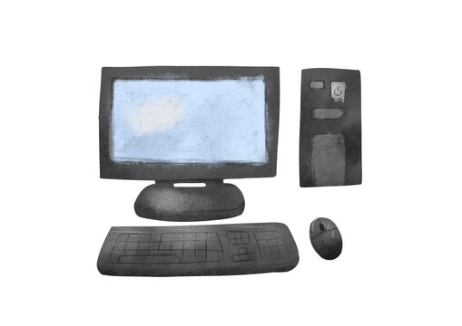 Retro desktop computer set illustration, textured hand drawn style