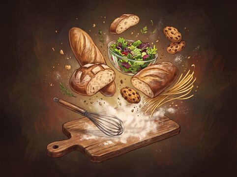 Floating assortment of rustic crusty bread loaves and fresh salad ingredients above a wooden board