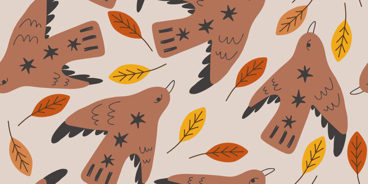 Hand-Drawn Beige and Brown Autumn Birds and Leaves Background