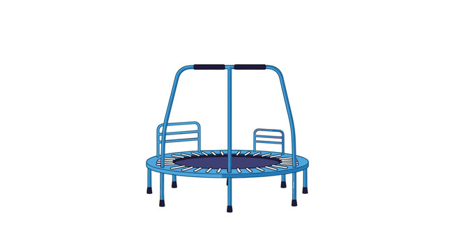 Mini rebounder fitness trampoline with blue frame and safety handrail isolated on white background.