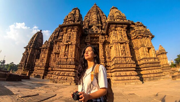 Foreign tourist exploring Indian heritage temples.