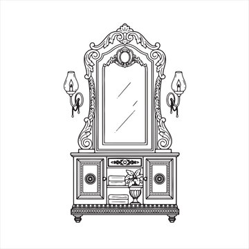 Vintage ornate vanity table with mirror and wall lamps Vector