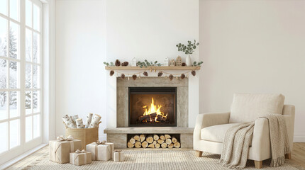 Obraz premium Cozy living room interior with a lit fireplace decorated for Christmas with pinecones and gifts