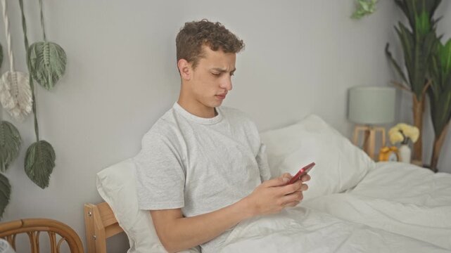 Man holding smartphone in bed checking screen then clasping hands over face in bedroom; morning frustration fatigue.