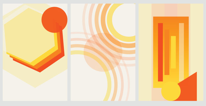 Abstract geometric triptych with warm orange yellow and cream shapes